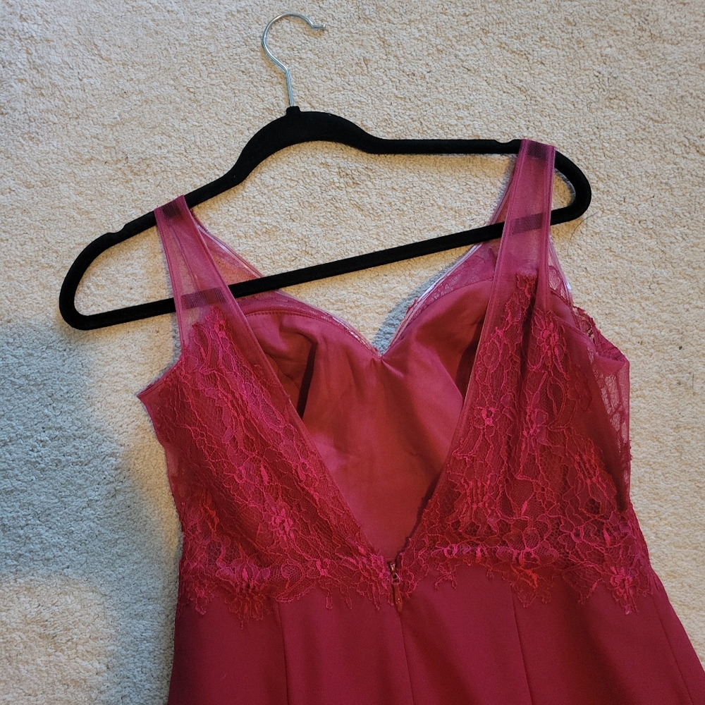 Azazie Burgundy V-Neck Lace Bodice Evening Gown - Picture 6 of 8